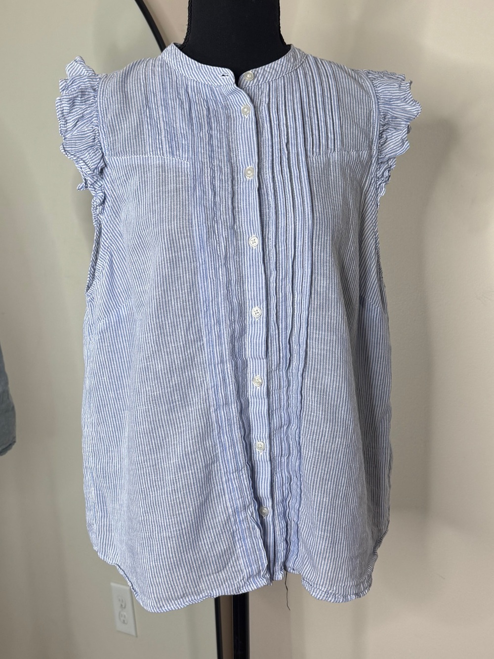 J Crew Ruffle Sleeve Linen Stripe Button Down Shirt White Blue Size 14